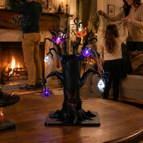 Spooky Seasonal Room Accents Halloween Lighted Ghost Tree Centerpiece with LED Lights, Pumpkin Bat Desktop Decorations for Home Spider Light
