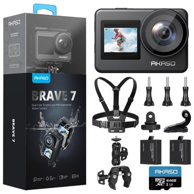 AKASO Brave7 Action 4K Экшн-камера с 64 ГБ IPX8 Водонепроницаемая для подводной съемки с нагрудным ремнем для изображения и суперзажимом Камера, карта, 10 м, 6-осевая