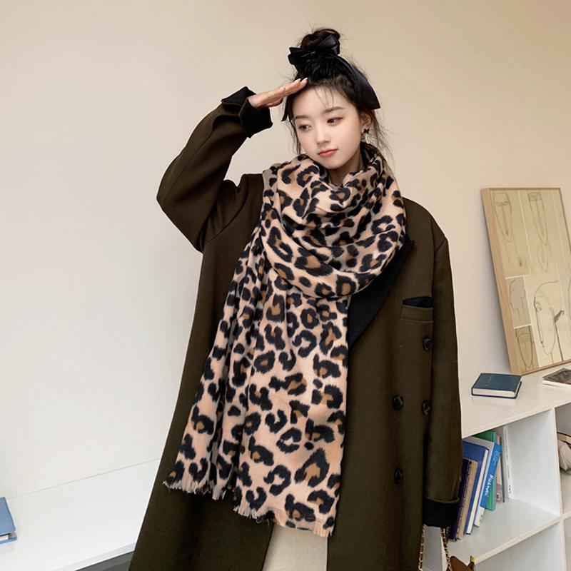 Fashion Printed Leopard Cashmere-Like Scarf for Women Winter Long Shawl Windproof Protection Outdoor Keep Warm Scarves Wrap