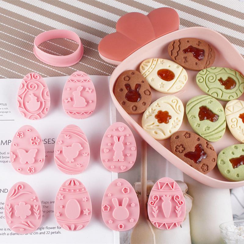 9Pcs Easter Rabbit Biscuit Mold Plastic Bunny Egg Cookie Cutter Stamp Embosser