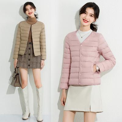 Легкая хлопковая куртка женская. Новинка осени и зимы 2022 года, Теплая внутренняя подкладка, Однотонный, Круглый V-образный вырез, База для пальто, Короткая пуховая хлопковая куртка