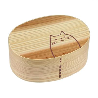 Fujishiro Kogei Magewappa Овальная коробка для бенто Cat с японской отделкой (900мл (натуральный) Кошка)