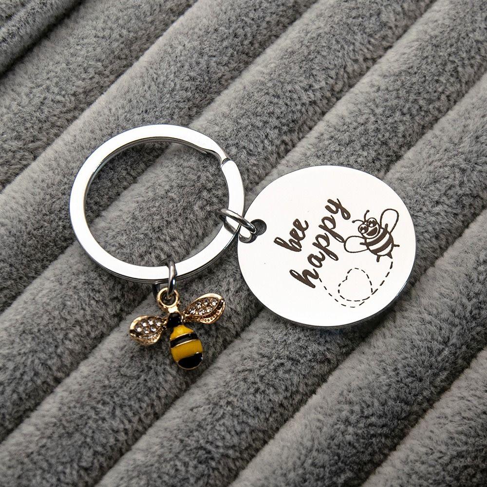 with Letters Stainless Steel Key Ring DIY Letters Round Pendants Bee Happy Key Chain Father