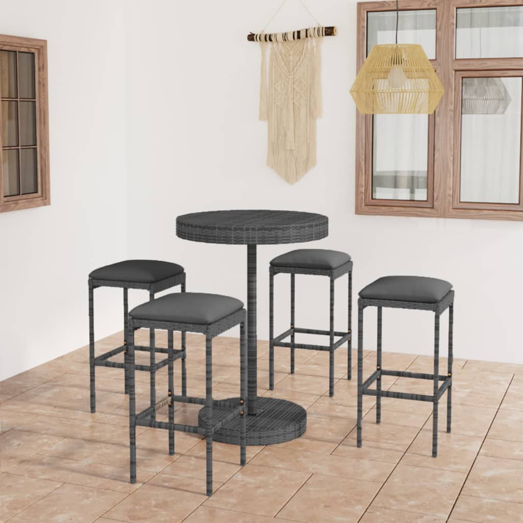 vidaXL 5-tlg. Gartenbar-Set mit Kissen Poly Rattan Grau