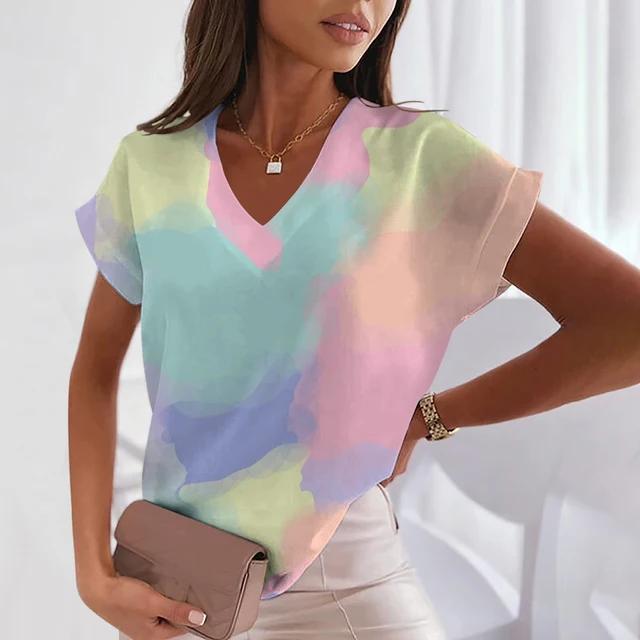 Летние женские футболки с геометрическим узором и V-образным вырезом, сексуальные топы с коротким рукавом, модная футболка с принтом, футболка Harajuku, женская одежда больших размеров