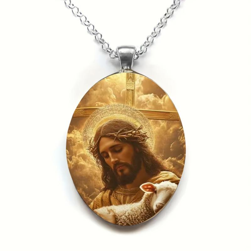 A Jesus and Lamb Pendant Christian Necklace, Time Gem Spiritual Jewelry Jesus Good Shepherd Silver Necklace Catholic Patron Saint Pendant Gift