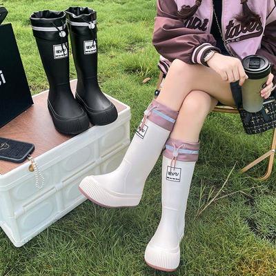 Женские высокие резиновые сапоги в японском стиле с флисовой подкладкой, водонепроницаемые - Нескользящие, легкие и износостойкие.