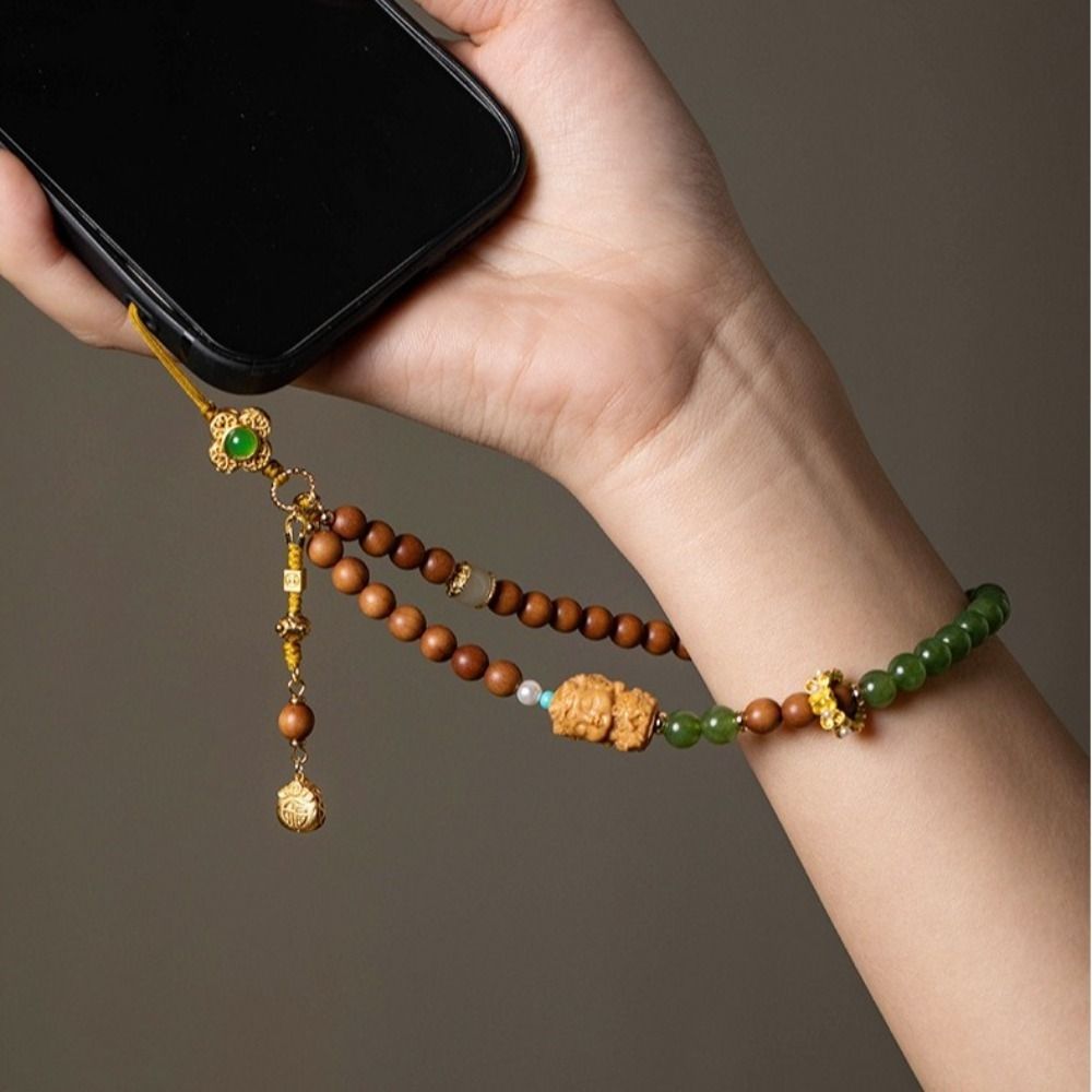 Chinese Style Mobile Phone Chain Vintage Antique Green Wrist Rope Pendant  Girls