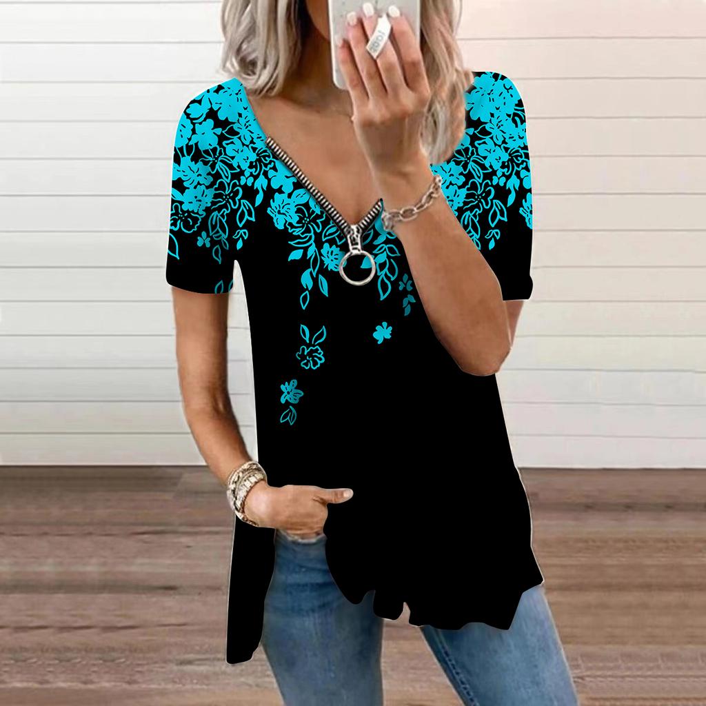 Женский топ, летний новый модный белый топ с изогнутыми цветами и принтом, повседневный топ на молнии с v-образным вырезом и короткими рукавами