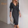 Women Spring Fall Dress Cross V Neck Lace-up Slim Fit Sheath Long Sleeves Knee Length Knitted Slim Fit Elastic Midi Dress Shopping Dating Dress
