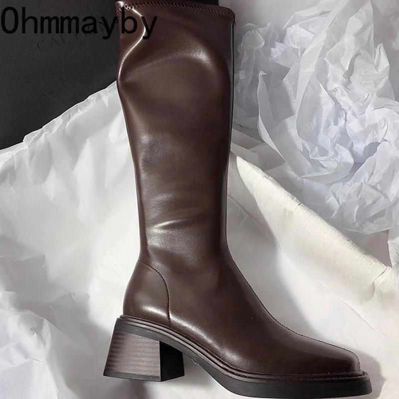 Vintage Thick Heel Women Knee High Boots Fashion Side Zippers Shoes Autumn Winter Ladies Concise Long Botas De Mujer