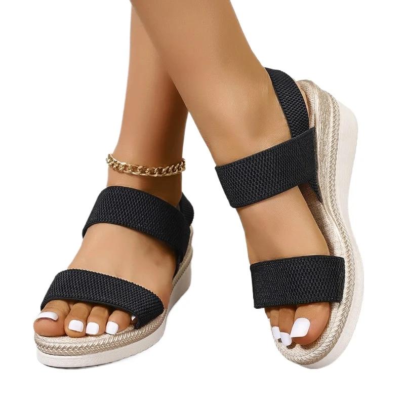 Модная женская обувь 2024 года, горячая распродажа, женские сандалии больших размеров, высококачественные однотонные повседневные сандалии, женские новые босоножки на танкетке с открытым носком Zapatos