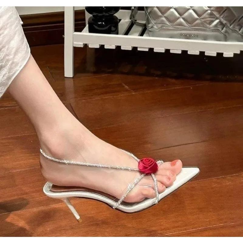 Sexy Slip On Back Strap Sandals Ladies Rose Flowers Narrow Band Open Toe Gladiator High Heels Summer Shoes Women Size 43