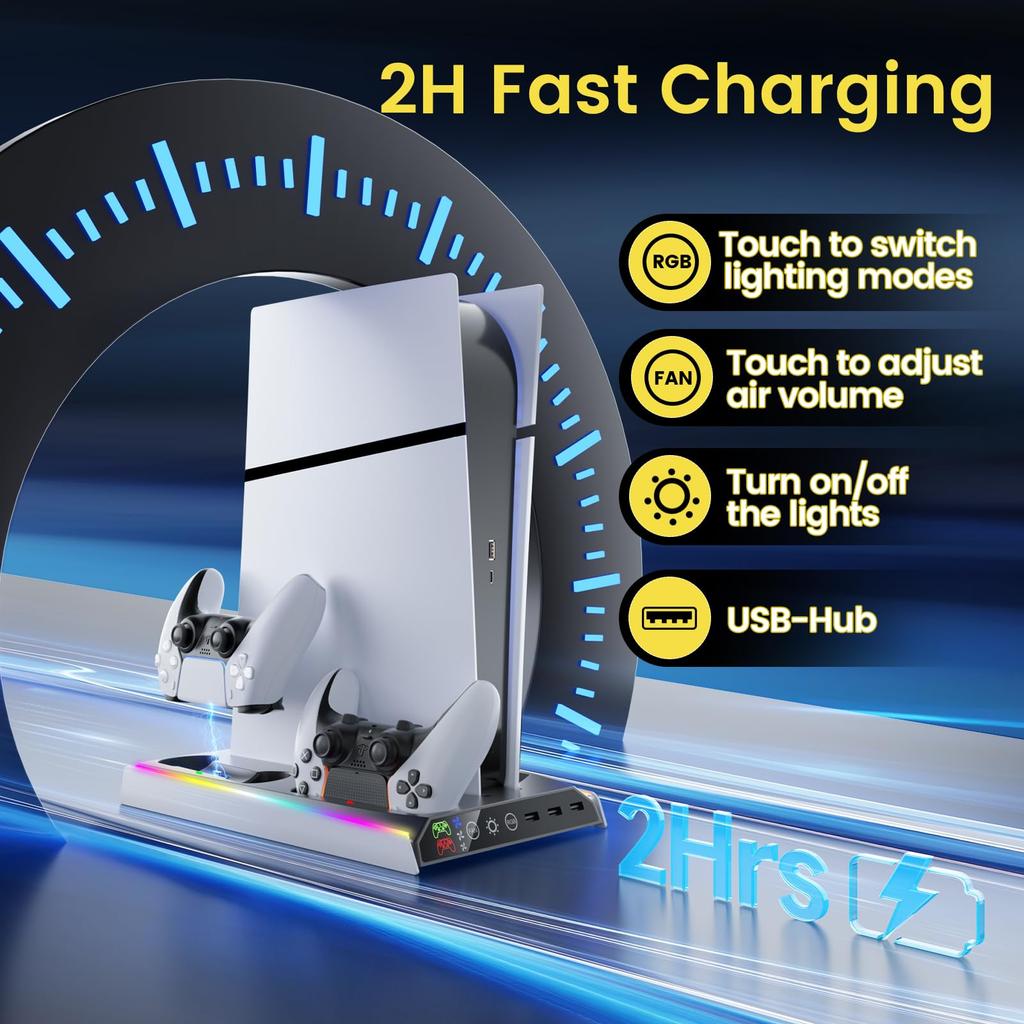 PS5 Slim PS5 Slim Vertical Cooling Stand with 3 Adjustable Air PS5 Controller 2 Controllers Simultaneously Charging Indicator Compatible with Both the