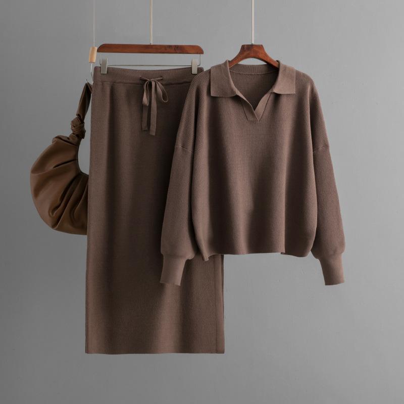 Новые модные юбки комплект юбка А-силуэта свитер свободные комплекты из двух частей трикотажный воротник поло осень зима женский ленивый свитер костюм