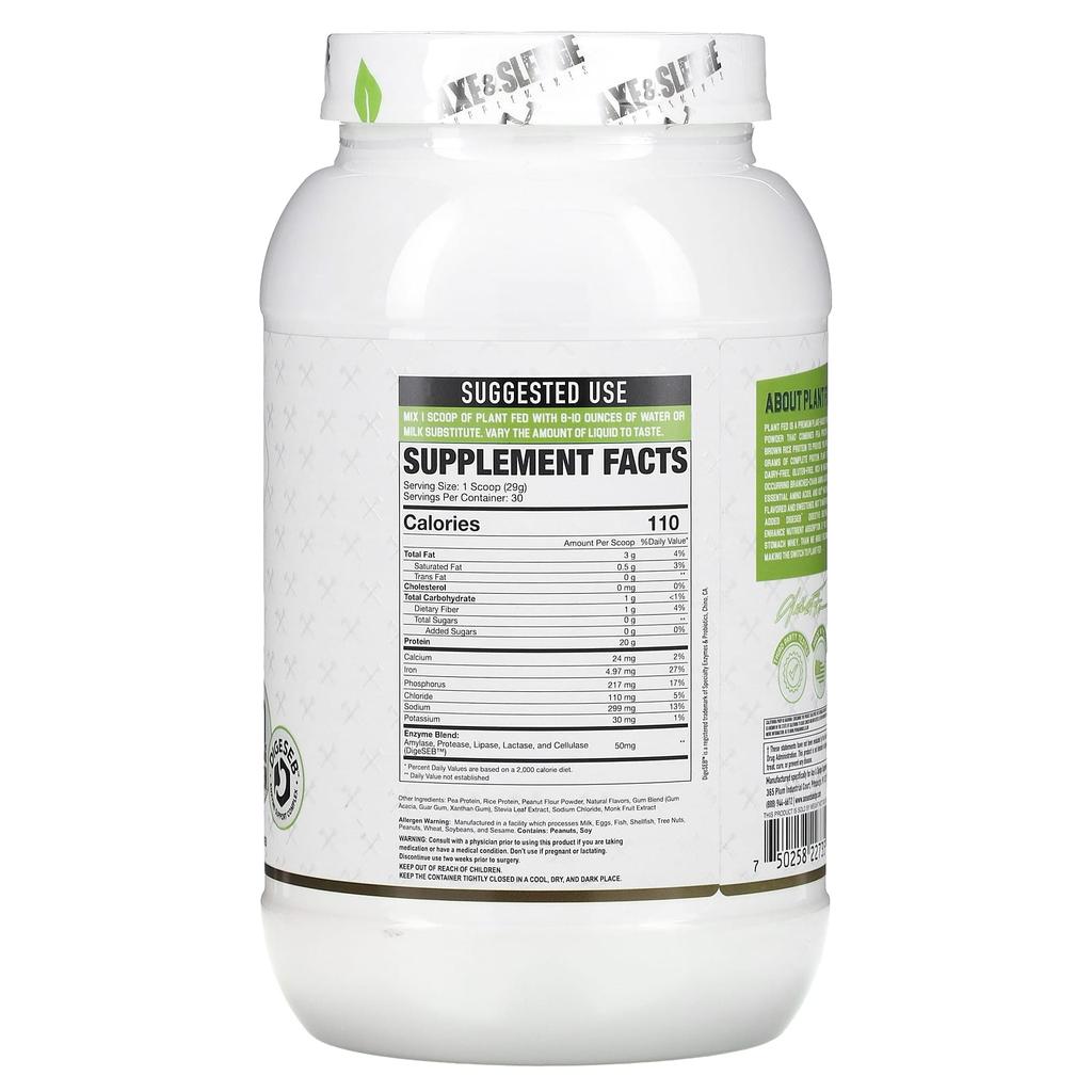 Ax & Sledge Supplements, PlantFed, 100% Natural Ingredients Vegan Protein, Peanut Butter Banana Flavor, 30.69 Oz (870 G)