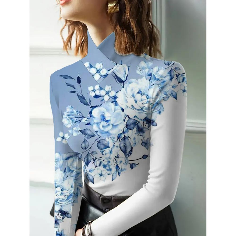 Women's Sexy Turtleneck Long Sleeve T-Shirt, Regular Length, All Seasons, Blue Flower Design