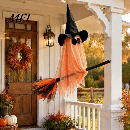 Festive Party Atmosphere Accessory Halloween Ghost Witch Broom Hanging Ornament, Spooky Hat Floating Prop Pendants for Indoor Outdoor Haunted