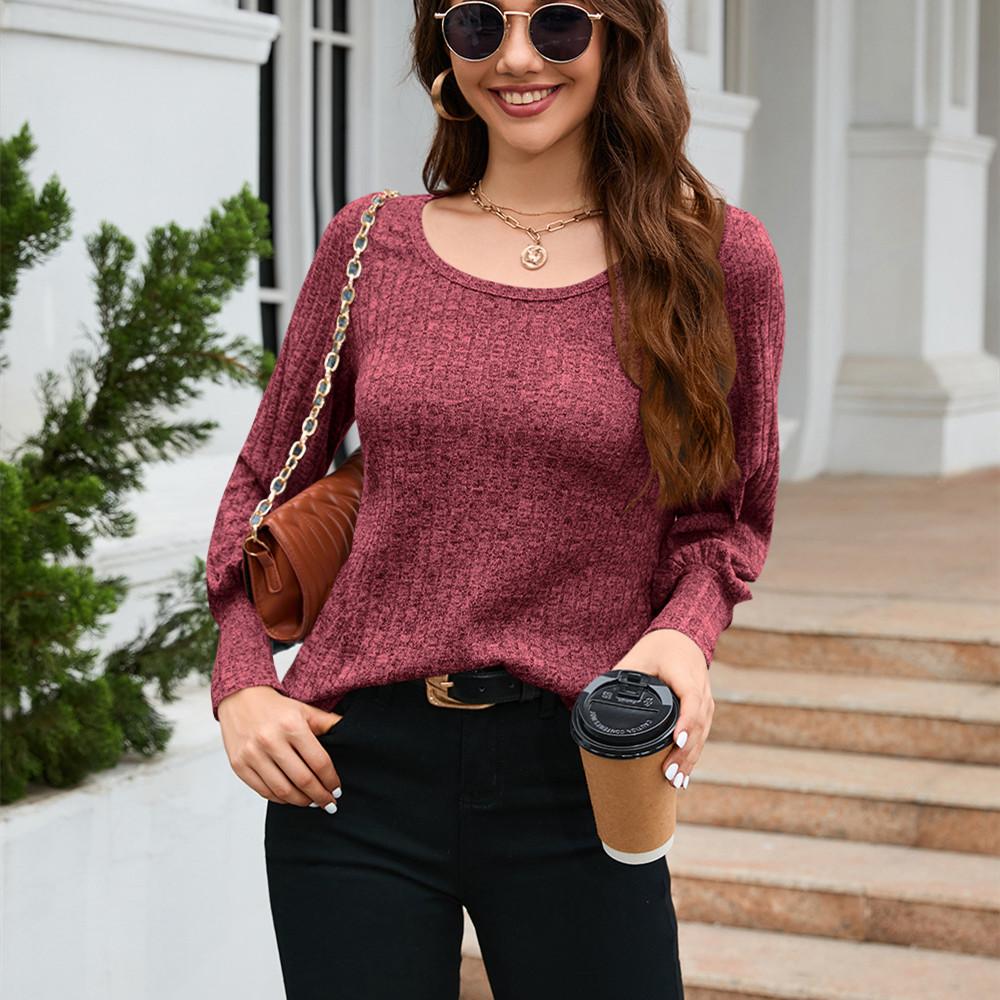 GMXIA Женские модные повседневные однотонные блузки и рубашки с круглым вырезом и длинным рукавом с принтом