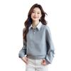 Autumn Women Grey  Loose Fit Long Sleeve Tops with Contrast Collar College Fashion