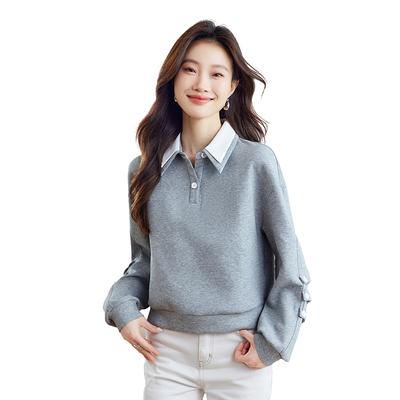 Осенние женские серые топы свободного кроя с длинным рукавом и контрастным воротником, колледж-мода