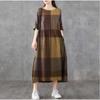 Summer Cotton Thin Loose Round Neck Casual Mid To Long Women Plaid Dress