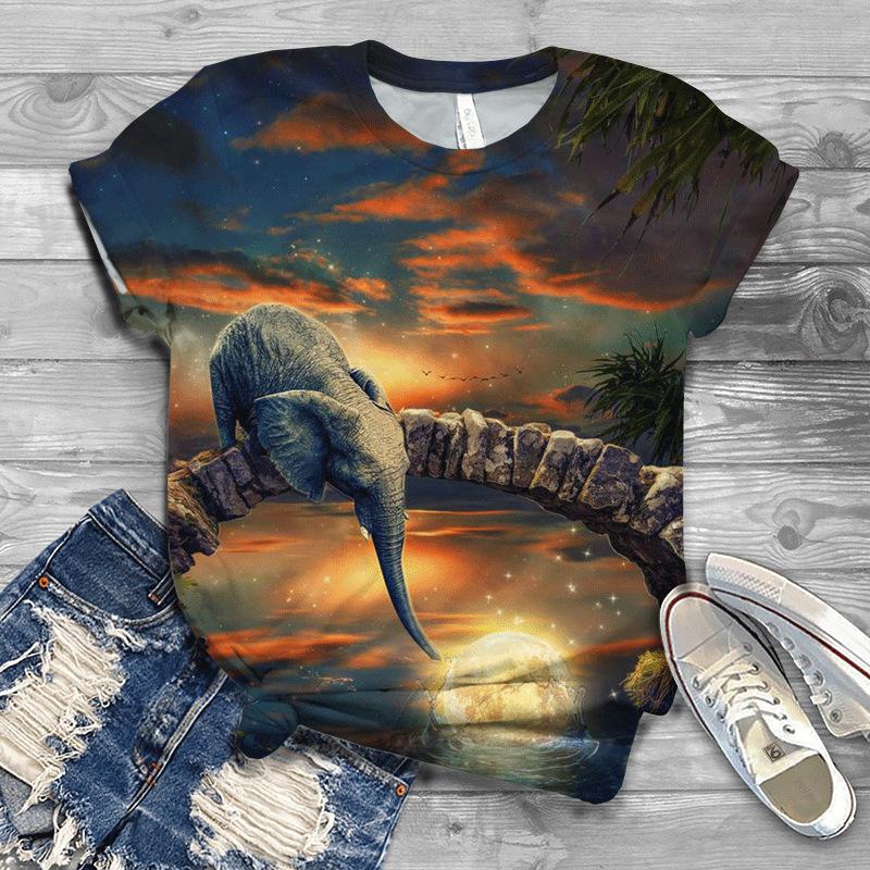 Летняя новая мужская и женская футболка с круглым вырезом и короткими рукавами с принтом слона 3D, свободная футболка для пары