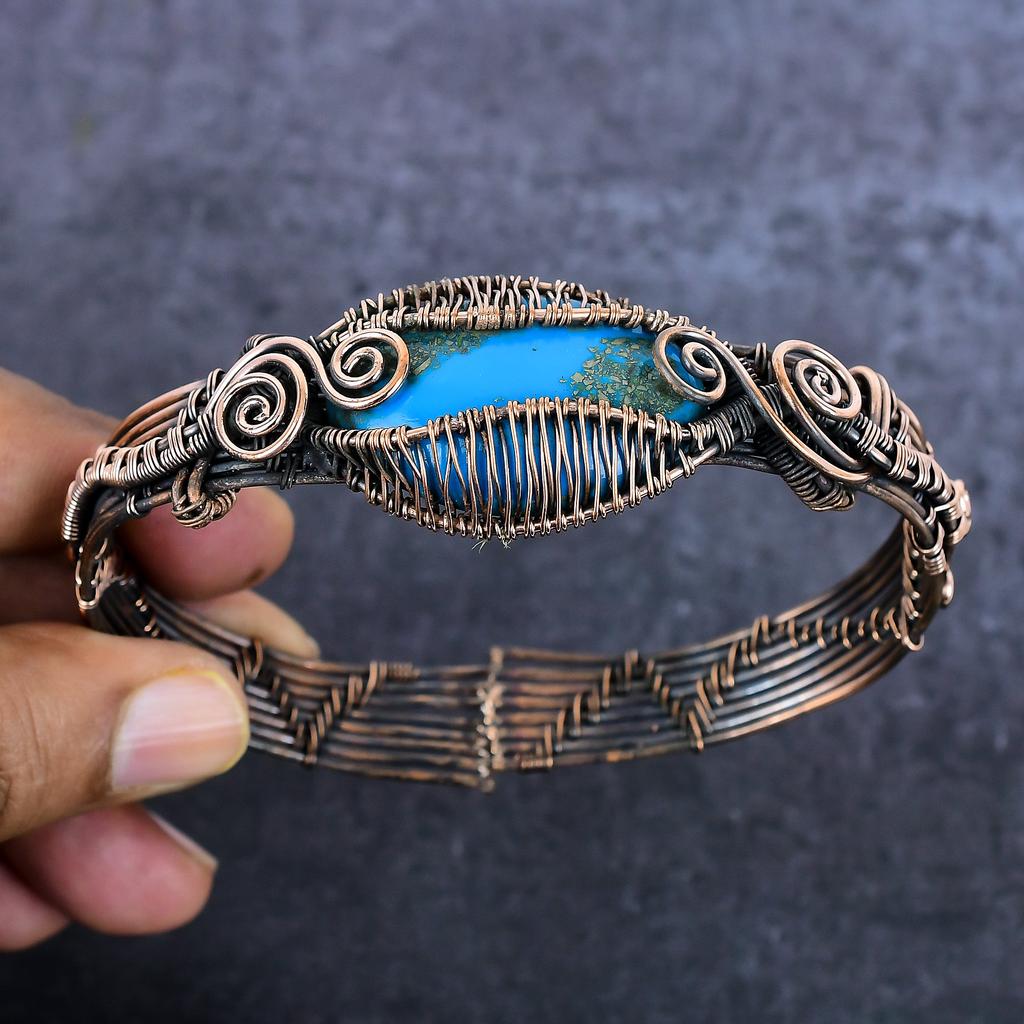 Браслет-манжета из натуральной аризонской бирюзы Gesmtone Copper Wire Wrap, регулируемый v0l18