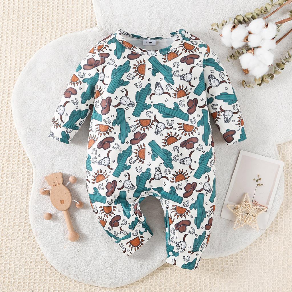 Детский комбинезон с принтом в ковбойском стиле для младенцев, повседневный комбинезон с длинными рукавами