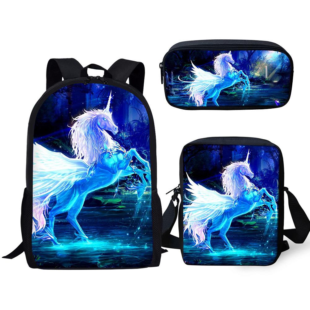 Fashion Novelty Rainbow Unicorn 3D Print 3pcs/Set Pupil School Bags Laptop Daypack Backpack Inclined Shoulder Bag Pencil Case