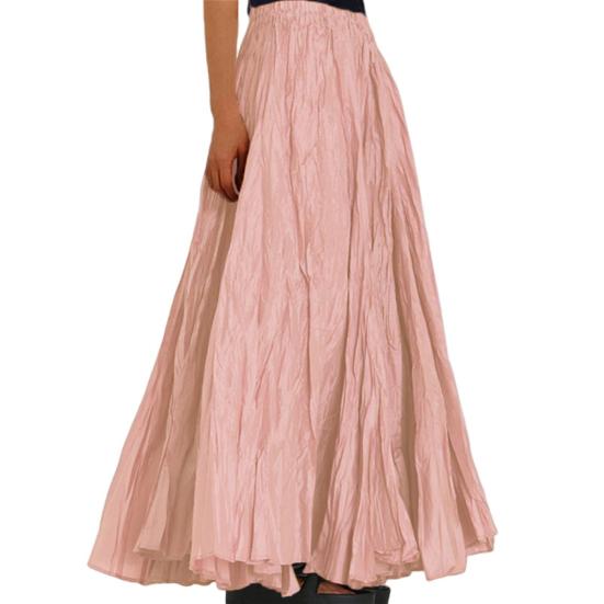 Women Skirt Elastic High Waist Pleated Maxi Skirt Solid Color A-Line Ankle-Length Skirt Large Hem Long Skirt Work Leisure Wear