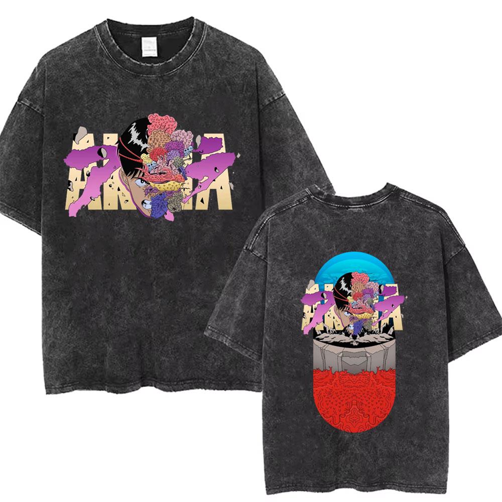 Anime Akira Vintage Washed T Shirt Japanese Science Fiction Cartoon Movie Shotaro Kaneda Manga Casual Cotton Tshirts Streetwear