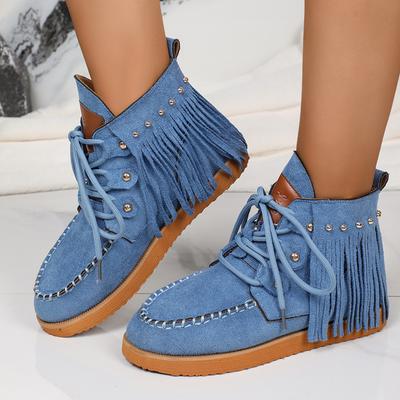 Модные женские ботильоны с кисточками и плоским каблуком, винтажные ковбойские сапоги со шнуровкой и заклепками, женские нескользящие короткие ботильоны для женщин