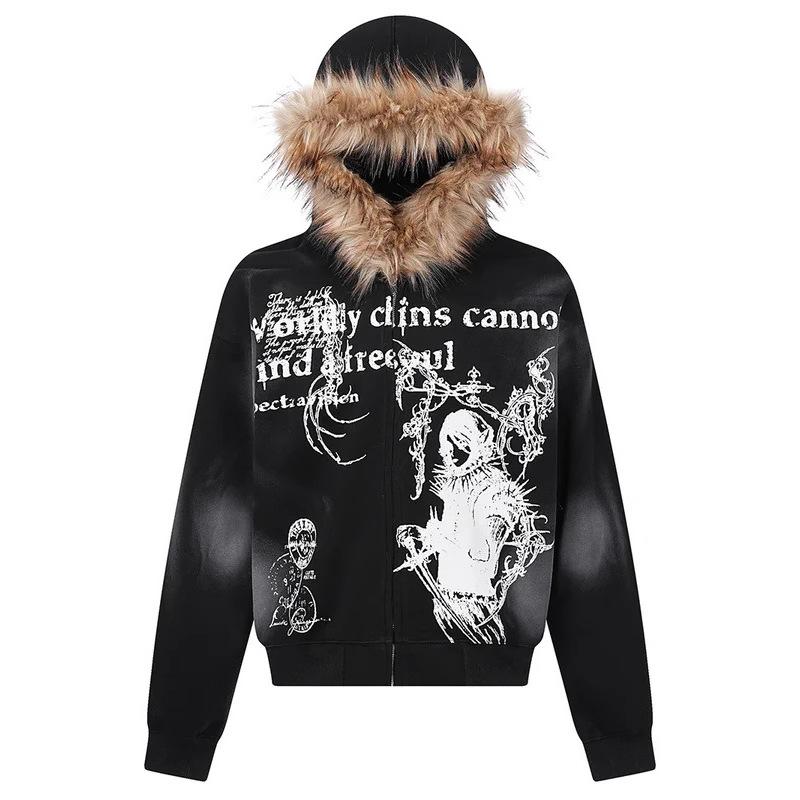 Европейская и американская осень и зима однотонная повседневная личность граффити принт плюшевая шляпа поля тренд женская мода толстовка с капюшоном