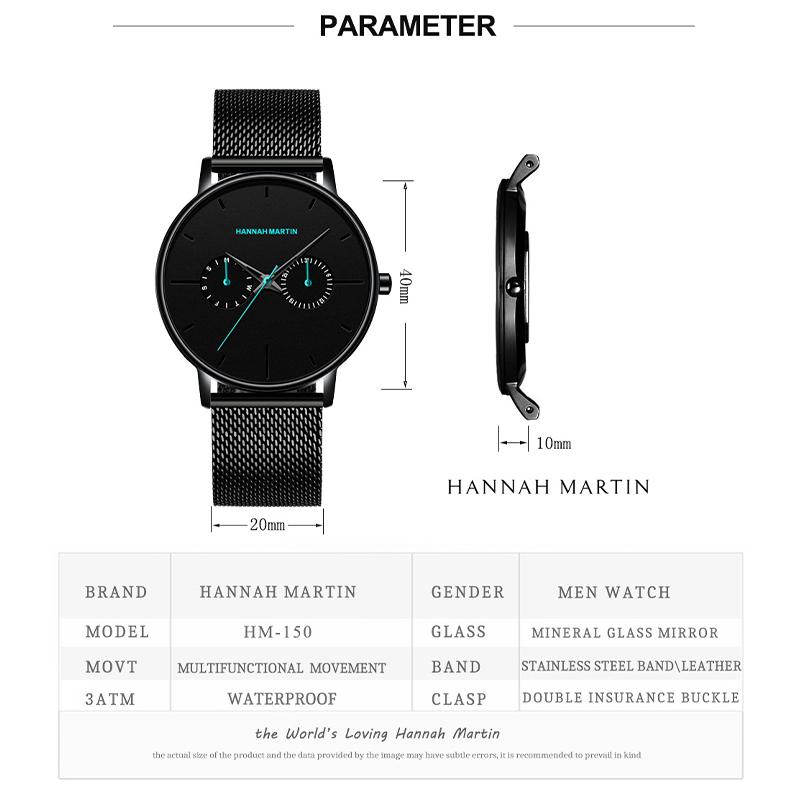 Hannah Martin Мужские часы Минималистичные мужские модные ультратонкие часы Простые мужские деловые кварцевые наручные часы с сетчатым ремнем из нержавеющей стали