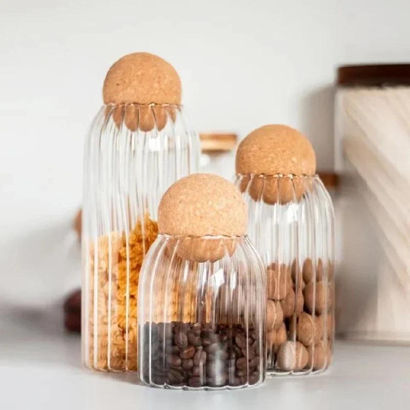 500-1300ml Glass Stripe Sealed Storage Tank with Cork Stopper Kitchen Storage Box Coffee Beans Nuts Candy Food Spices Container