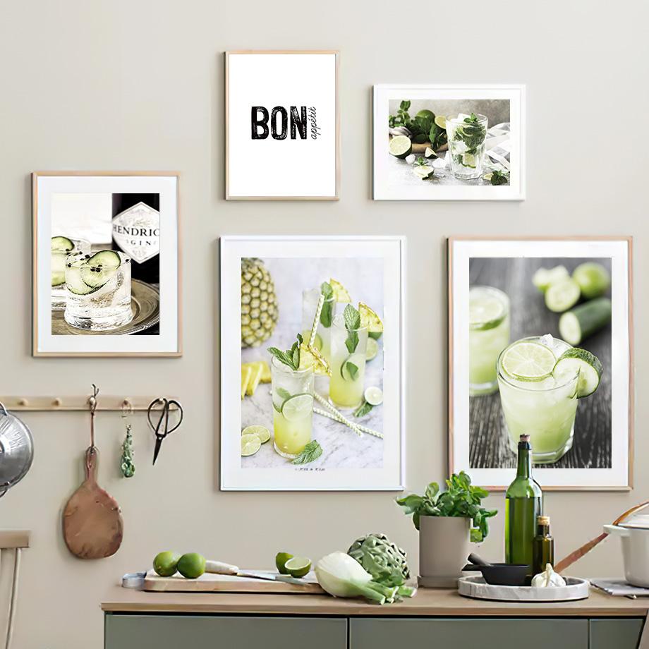 Modern Cocktail Lemon Cucumber Posters Prints Drink Mojito Martini Wall Art Canvas Painting for Bar Kitchen Room Home Decoration