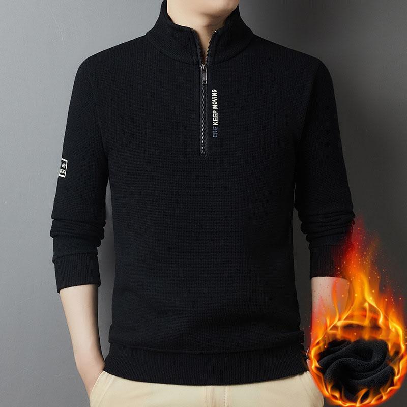 Plus Size Men's Autumn And Winter Sweatshirt Zipper Stand Collar Long Sleeves Thickened Fleece Solid Color Neck Guard Mid-length