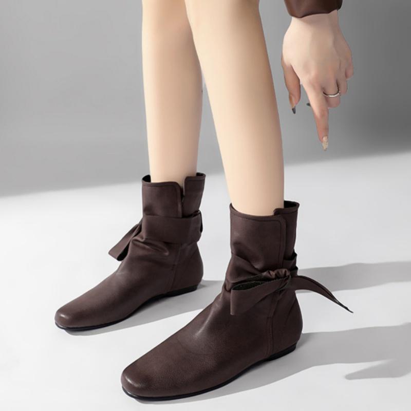 Fashion Design Vintage Bow Short Boots 2025 Autumn French Style Soft Sole Non-slip Low Heel Boots Solid Color Versatile Women's Boots