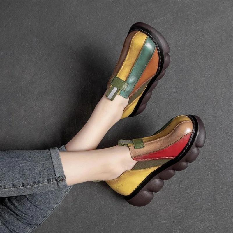 Fashion Autumn 2024 New Fashion Ethnic Style Retro Handmade Rainbow Color Female Leather Thick Sole Cake and Casual Shoes