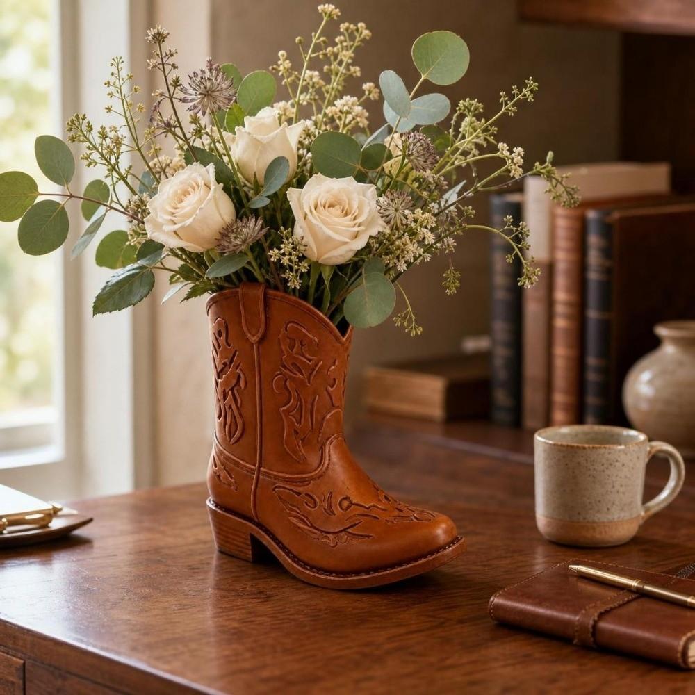 Vintage Western Style Cowboy Boot Statue Home Decor Boot Shaped Vase Pencil Holder Office Use