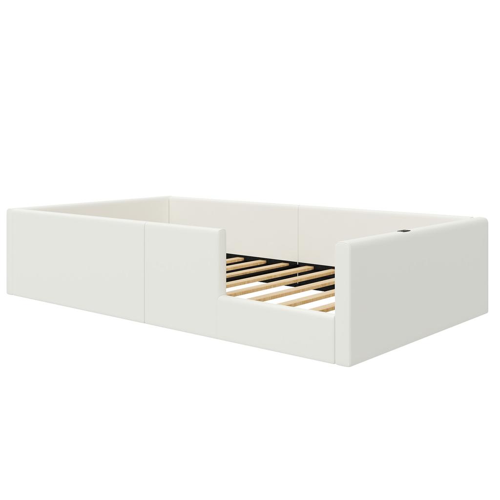 90X200 Upholstered Platform Bed with Protective Guardrail and Charging Station, White