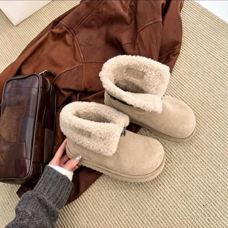 European Station Fashion Lapel Snow Boots Women's Winter New Soft Leather Wool Fleece Warm Doll Head Cotton Boots