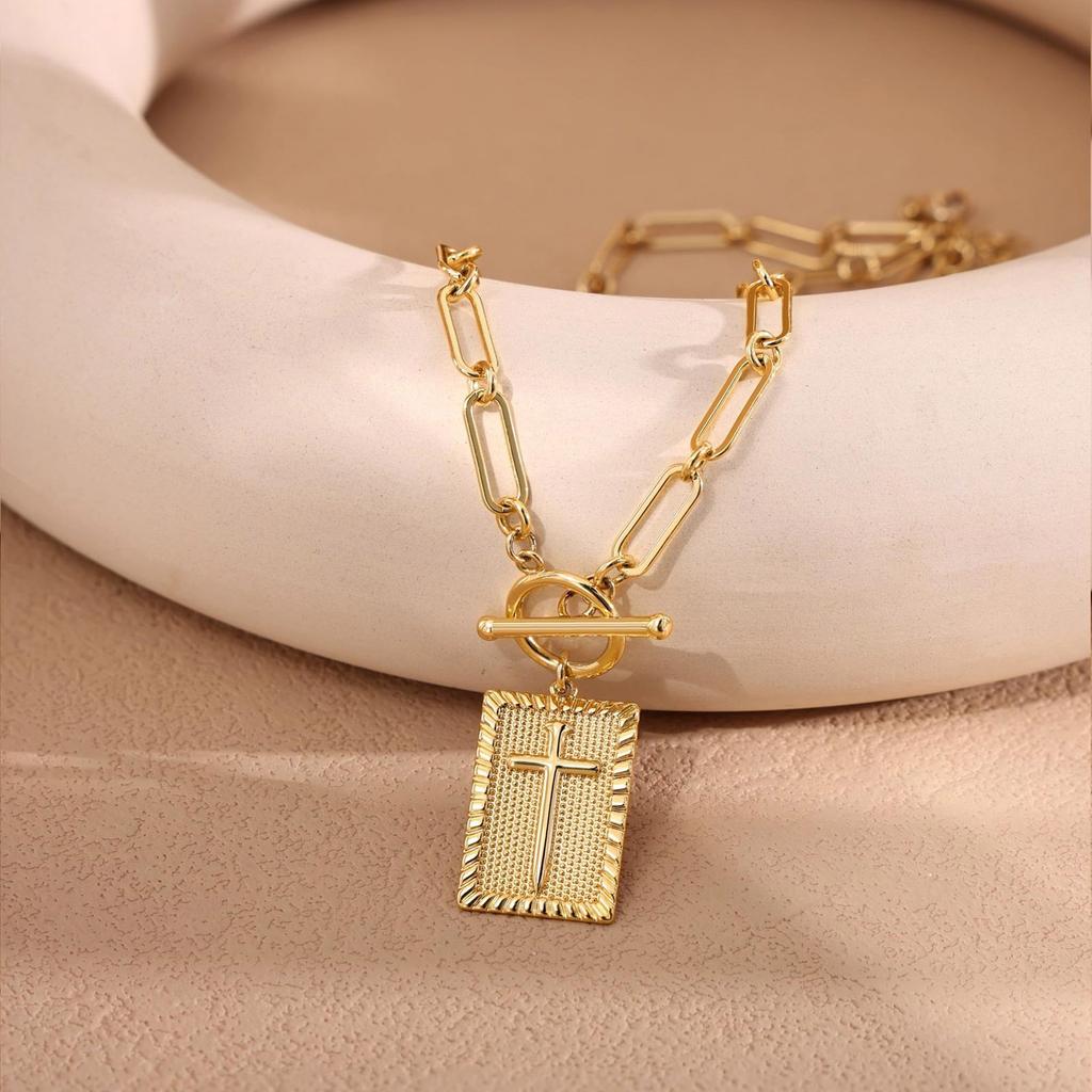 Geometric Cross Pendant Necklace Trendy Jewelry Chain Accessory Copper Texture Suitable for Fashion Women Present