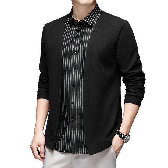 Мужская рубашка, имитация двухкомпонентного кардигана с отложным воротником, однобортная, в полоску, с длинными рукавами, подходящего цвета, трикотажная, официальная