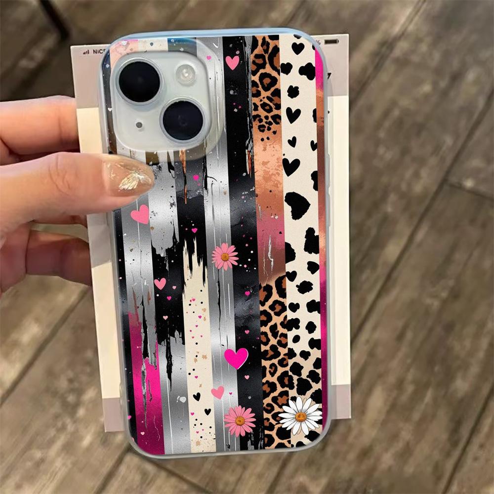 Чехол для телефона iPhone 17 17Air 16 15 14 13 12 11 Pro Max Цветок Любовь Леопардовая полоска Прозрачная рамка Силиконовый Мягкий чехол Funda