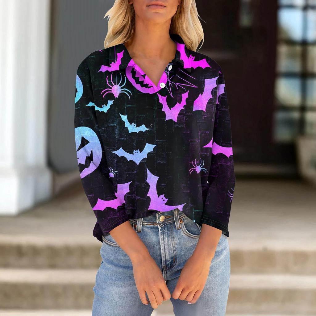 Women's Seven Quarter Sleeved T-shirt V-neck Button Up Shirt With Printed Loose Top For Halloween