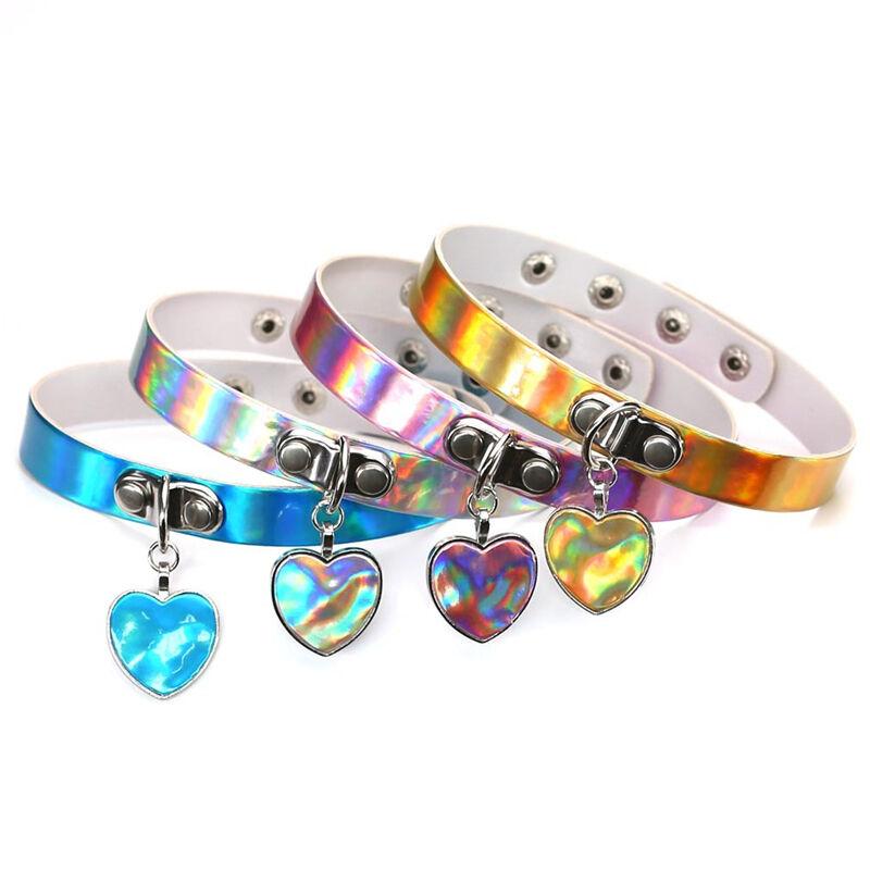 Fashion Holographic Choker Punk Laser Heart Pendant Collar Necklace Rivet Buckle