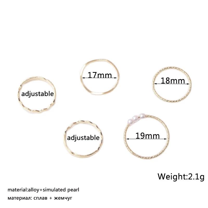 5pcs/set Rings for Women Simple Three Pearl Wavy Metal Twist Combination Joint Ring Trendy Personality Golden Party Jewelry Gift