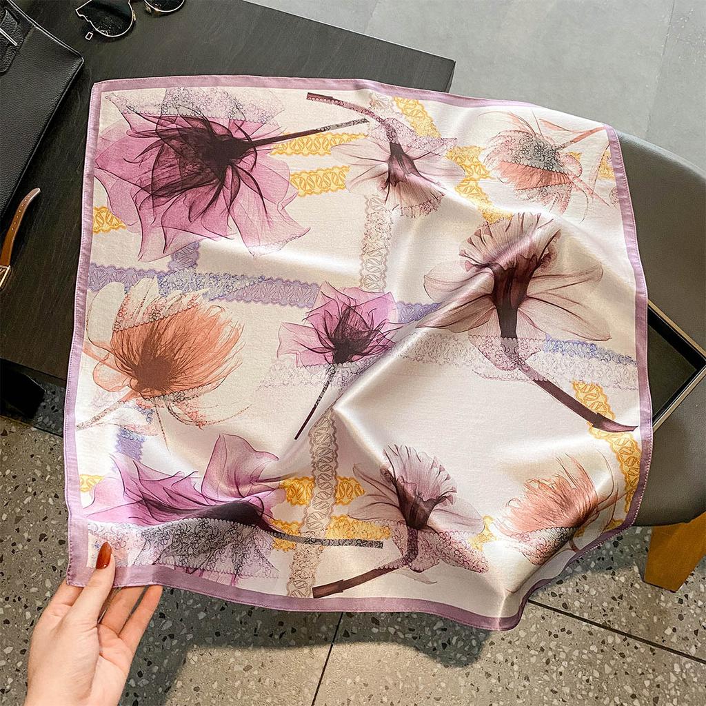 Korean Style Camellia Printed Silk Square Scarf For Women Office Neck Shawl